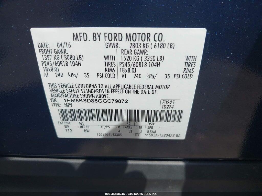 1FM5K8D88GGC79872 2016 FORD EXPLORER photo no. 9