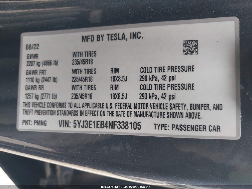 5YJ3E1EB4NF338105 2022 TESLA MODEL 3 photo no. 9