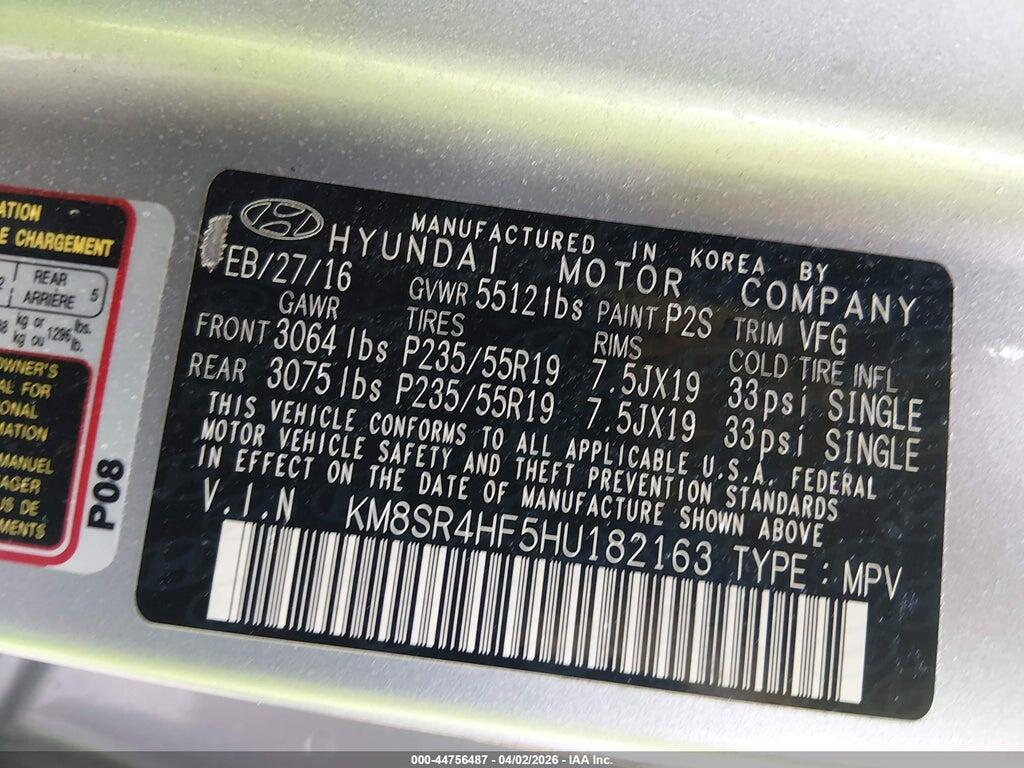 KM8SR4HF5HU182163 2017 HYUNDAI SANTA FE photo no. 9