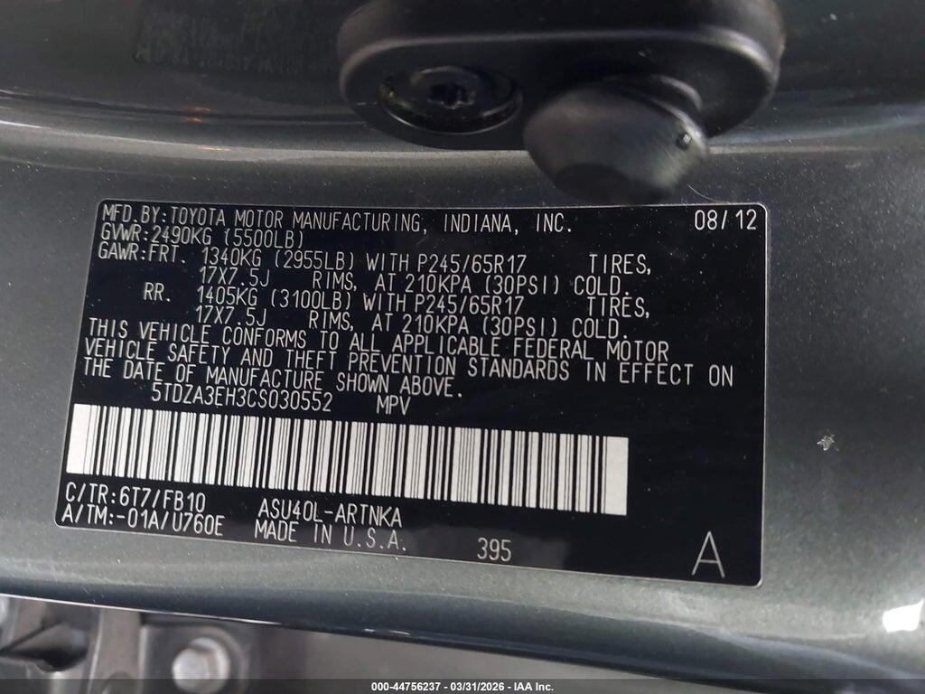 5TDZA3EH3CS030552 2012 TOYOTA HIGHLANDER photo no. 9