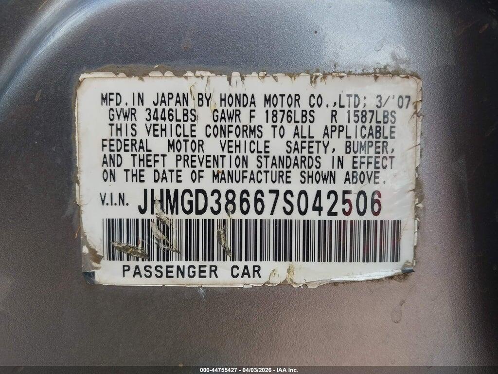 JHMGD38667S042506 2007 HONDA FIT photo no. 9