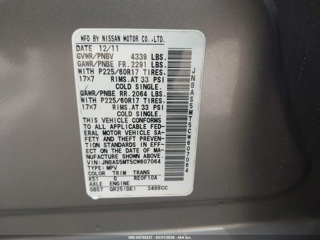 JN8AS5MT5CW607064 2012 NISSAN ROGUE photo no. 9