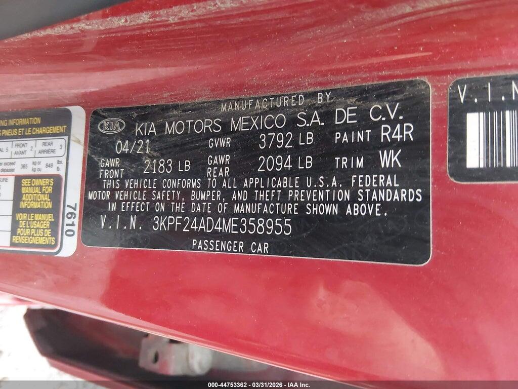 3KPF24AD4ME358955 2021 KIA FORTE photo no. 9