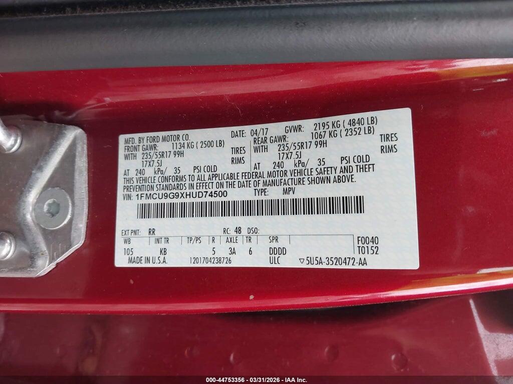 1FMCU9G9XHUD74500 2017 FORD ESCAPE photo no. 9