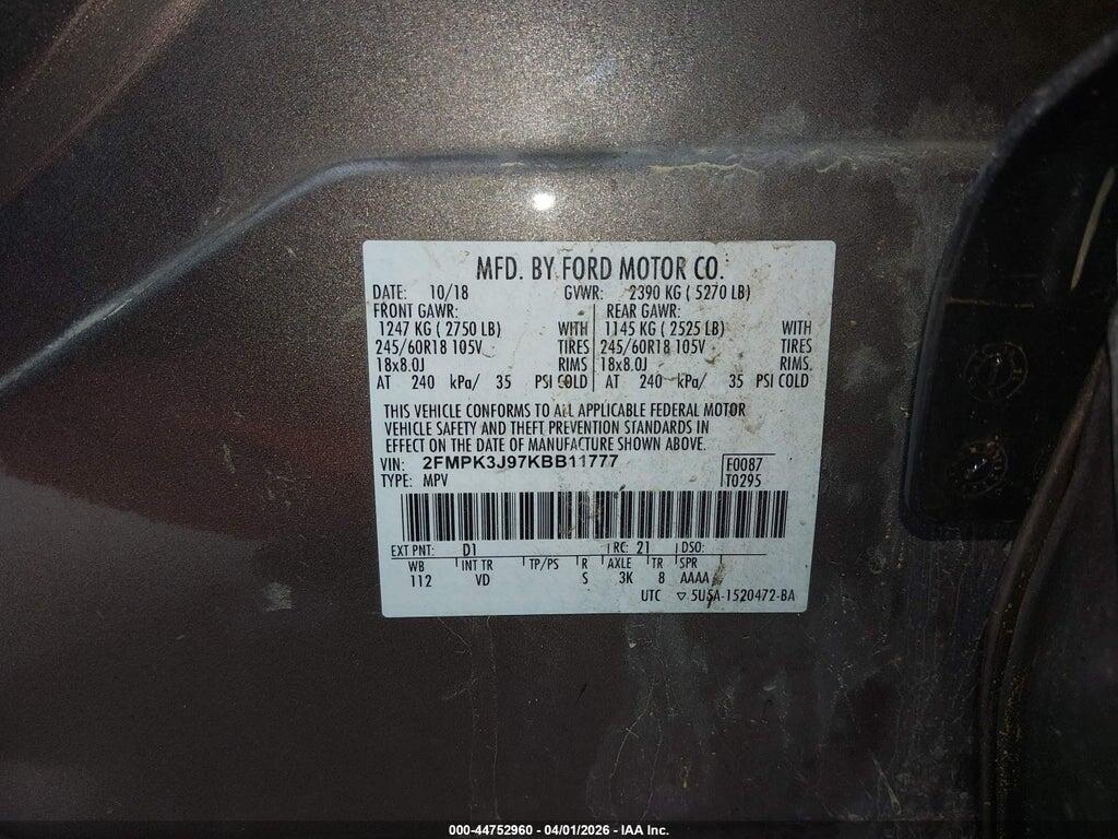 2FMPK3J97KBB11777 2019 FORD EDGE photo no. 9
