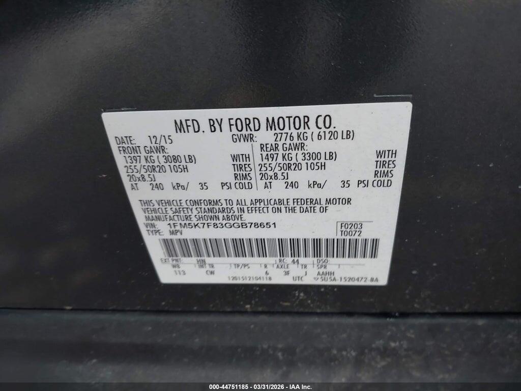 1FM5K7F83GGB78651 2016 FORD EXPLORER photo no. 9