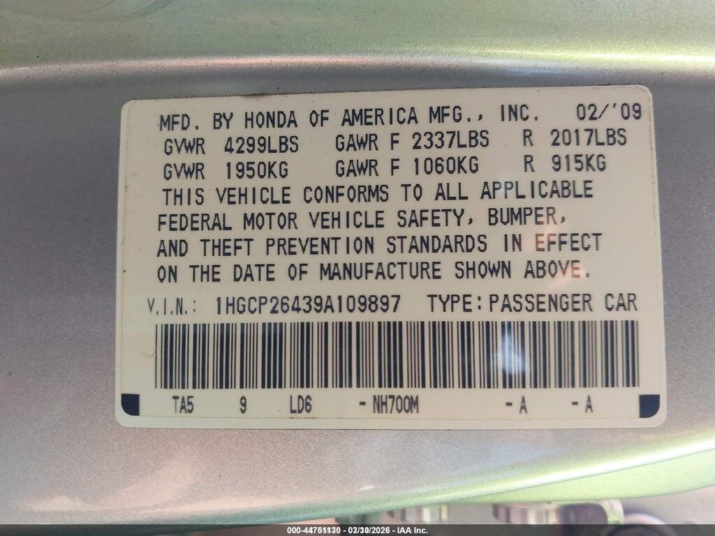1HGCP26439A109897 2009 HONDA ACCORD photo no. 9