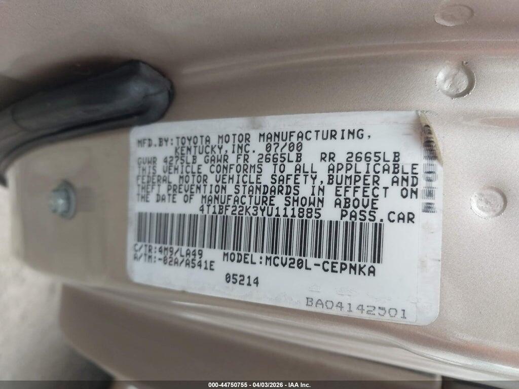4T1BF22K3YU111885 2000 TOYOTA CAMRY photo no. 9