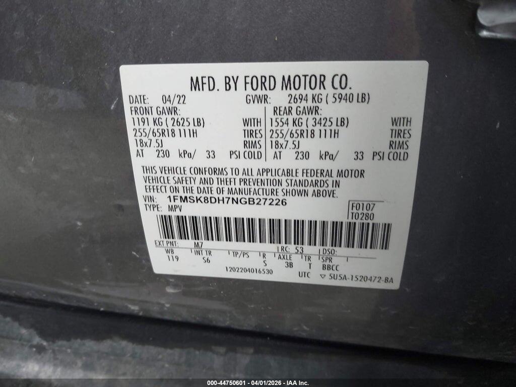 1FMSK8DH7NGB27226 2022 FORD EXPLORER photo no. 9