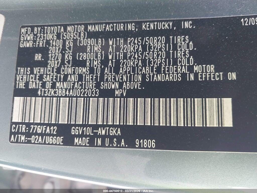 4T3ZK3BB4AU022033 2010 TOYOTA VENZA photo no. 9