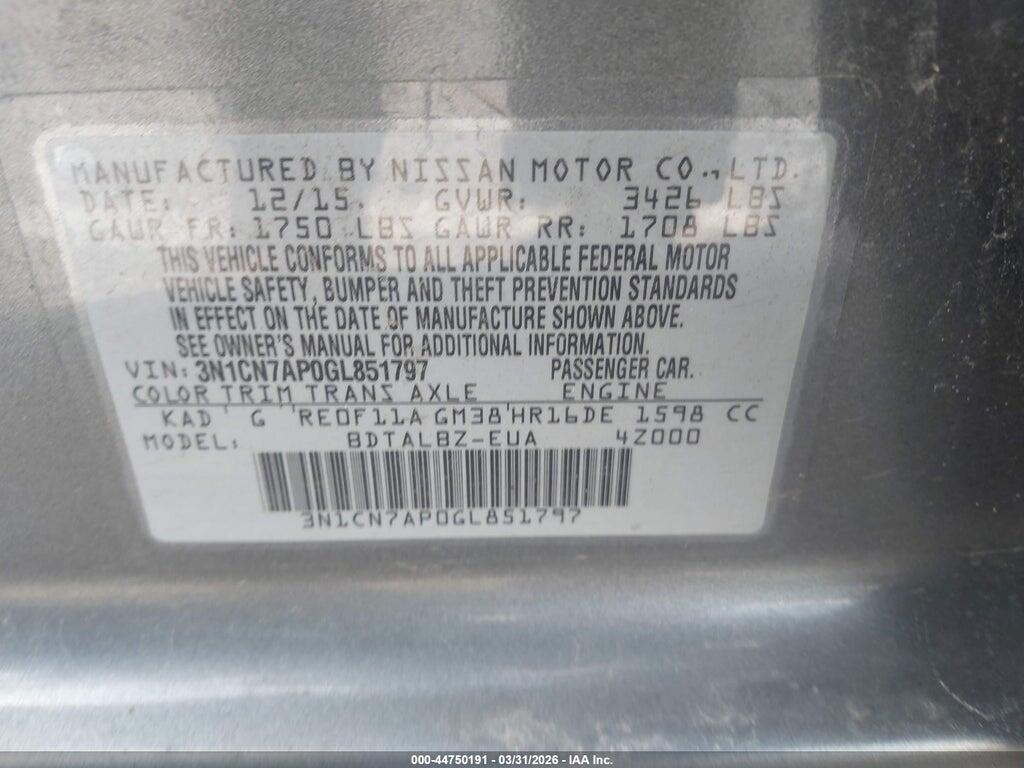 3N1CN7AP0GL851797 2016 NISSAN VERSA photo no. 9