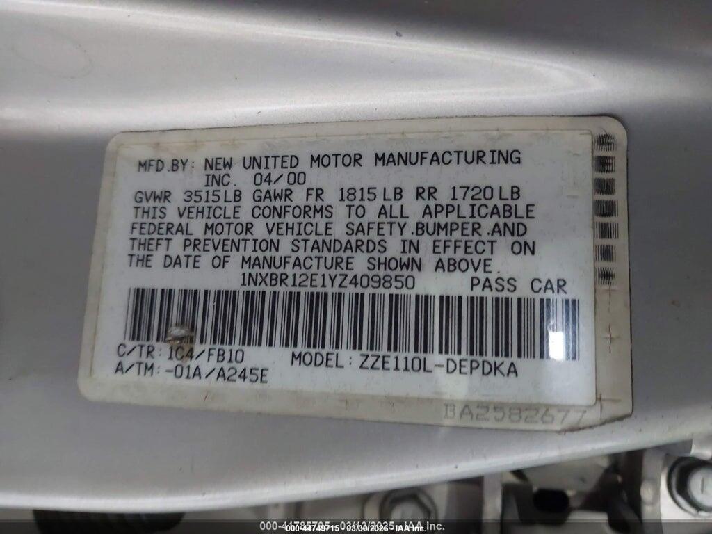 1NXBR12E1YZ409850 2000 TOYOTA COROLLA photo no. 9