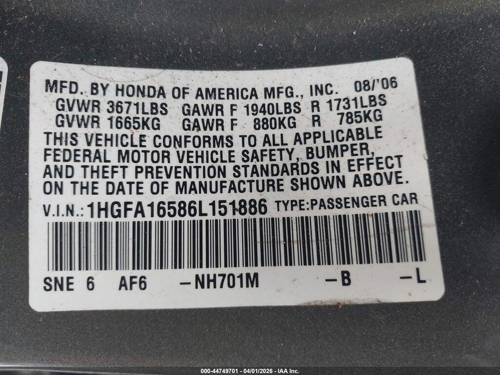 1HGFA16586L151886 2006 HONDA CIVIC photo no. 9