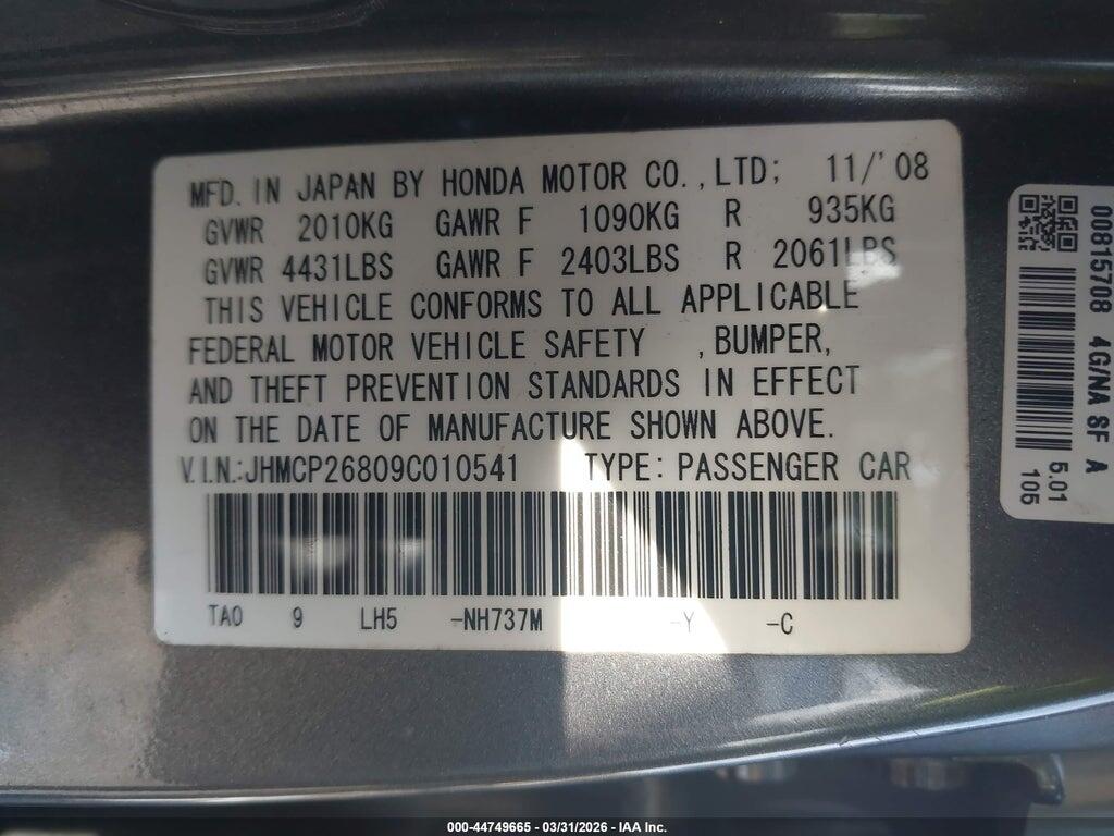 JHMCP26809C010541 2009 HONDA ACCORD photo no. 9