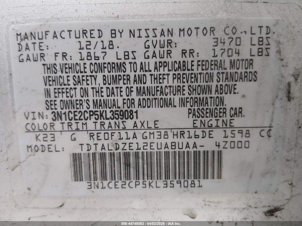 3N1CE2CP5KL359081 2019 NISSAN VERSA NOTE photo no. 9