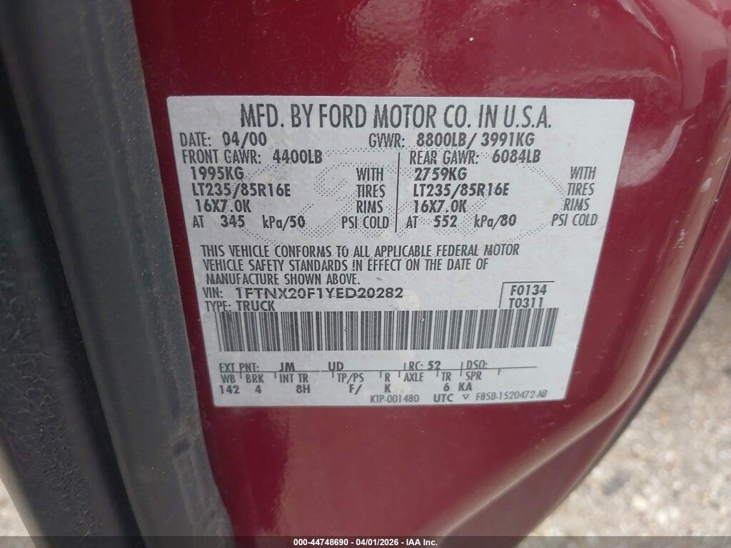 1FTNX20F1YED20282 2000 FORD F-250 photo no. 9