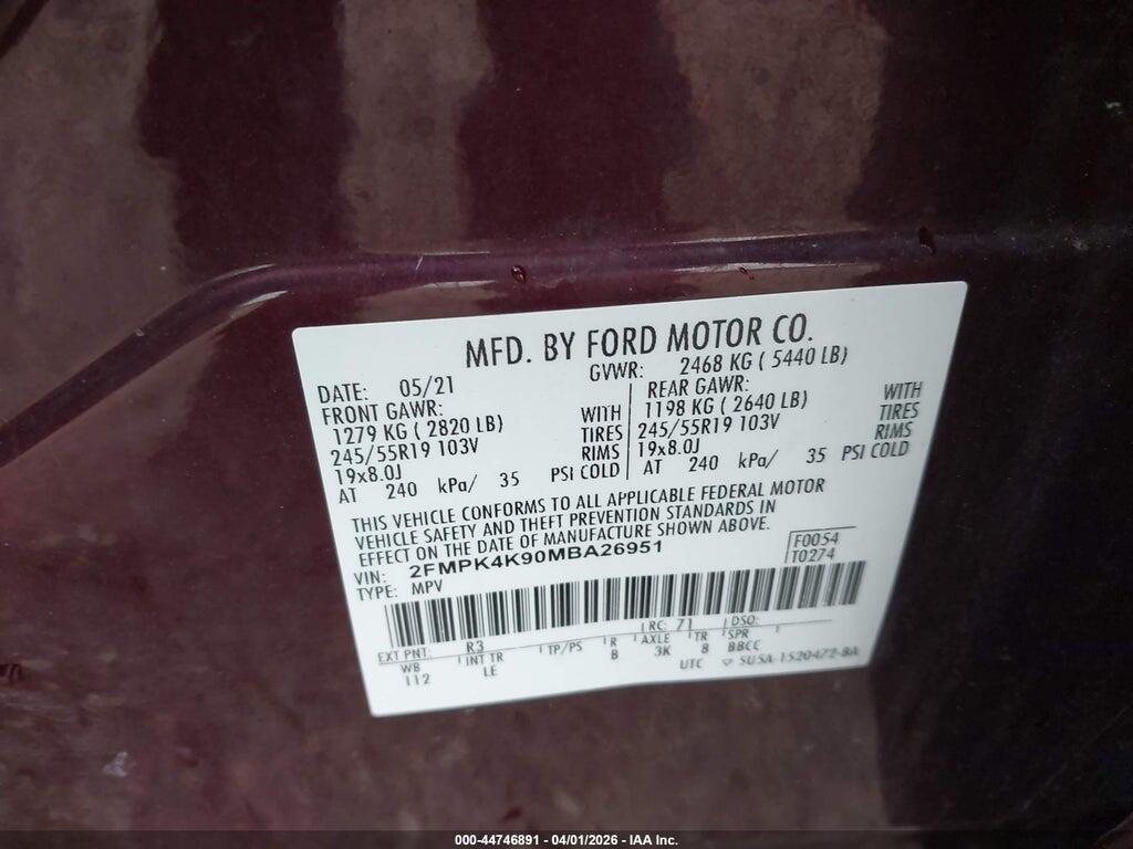 2FMPK4K90MBA26951 2021 FORD EDGE photo no. 9