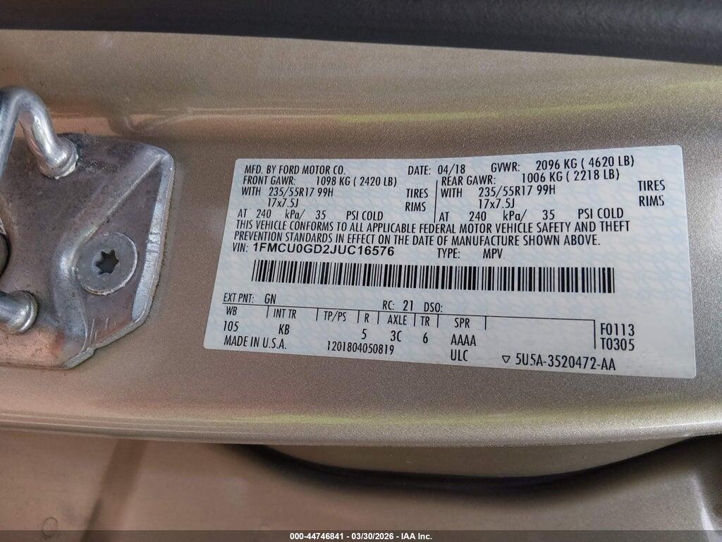 1FMCU0GD2JUC16576 2018 FORD ESCAPE photo no. 9