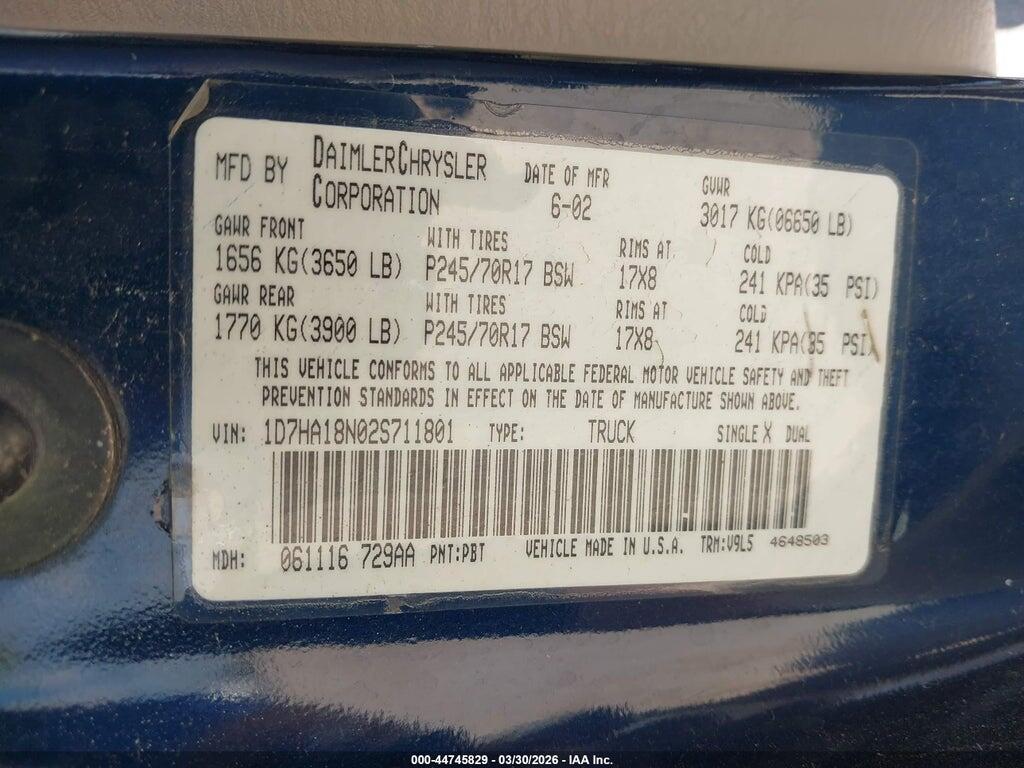 1D7HA18N02S711801 2002 DODGE RAM 1500 photo no. 9