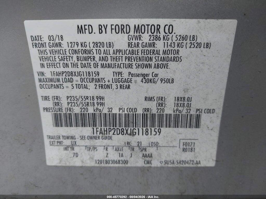 1FAHP2D8XJG118159 2018 FORD TAURUS photo no. 9
