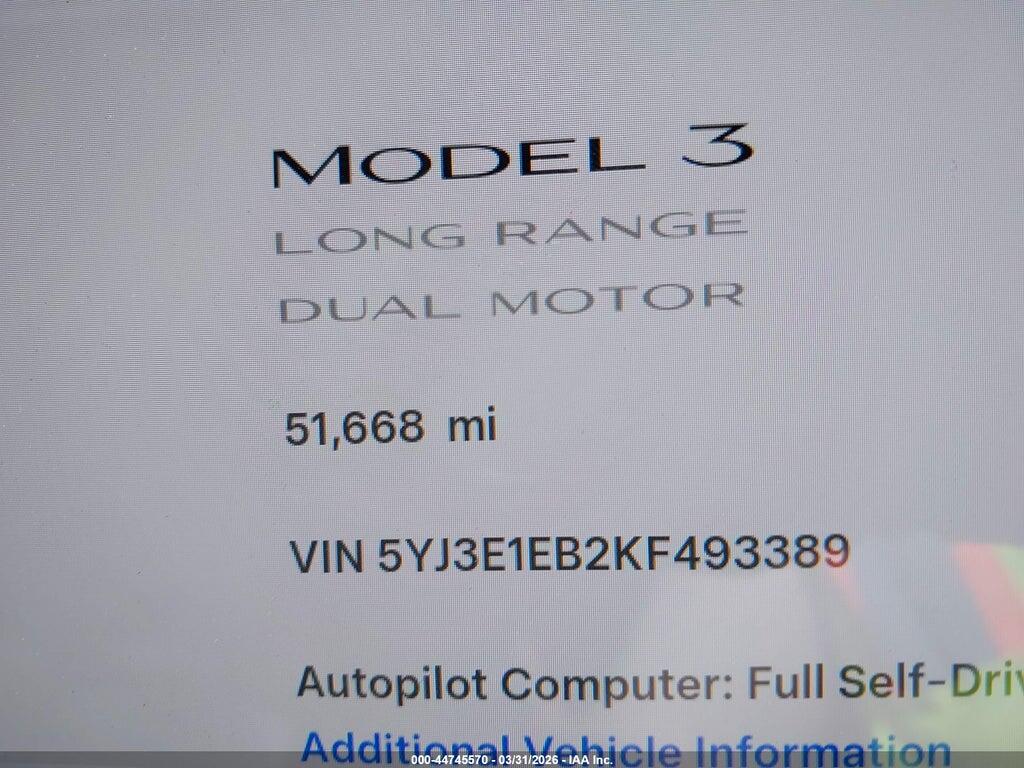 5YJ3E1EB2KF493389 2019 TESLA MODEL 3 photo no. 7