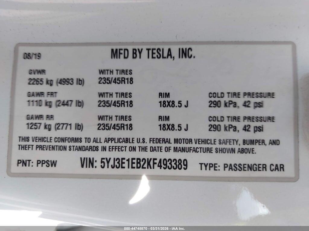 5YJ3E1EB2KF493389 2019 TESLA MODEL 3 photo no. 9
