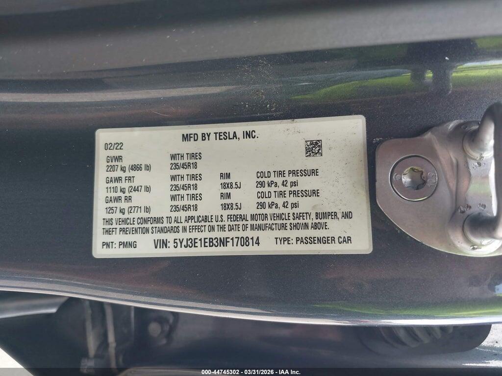 5YJ3E1EB3NF170814 2022 TESLA MODEL 3 photo no. 9