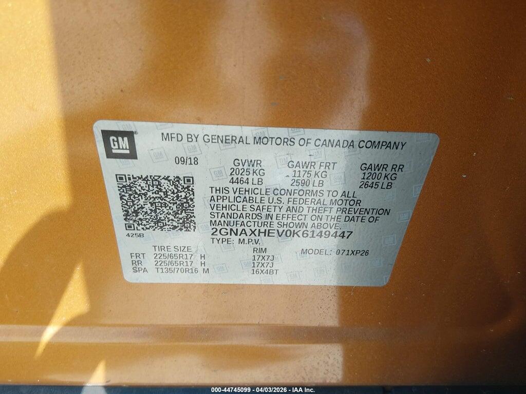 2GNAXHEV0K6149447 2019 CHEVROLET EQUINOX photo no. 9