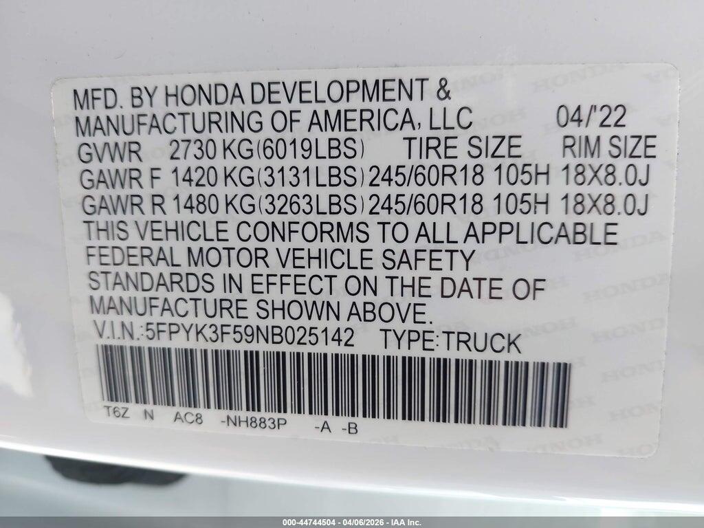 5FPYK3F59NB025142 2022 HONDA RIDGELINE photo no. 9