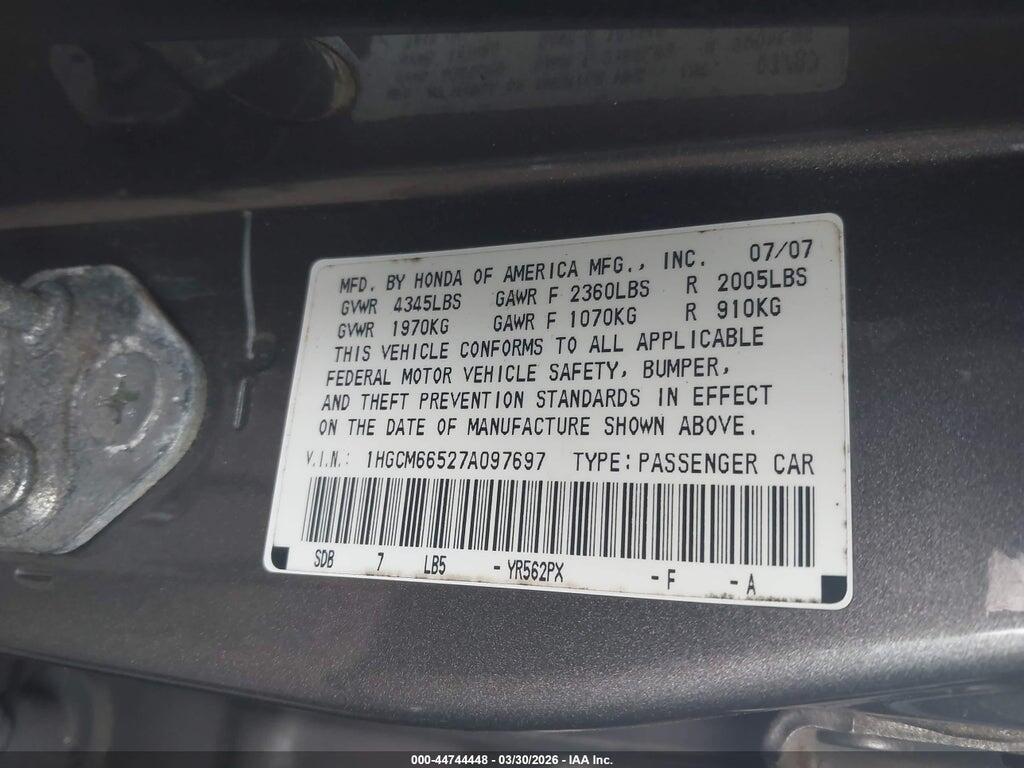 1HGCM66527A097697 2007 HONDA ACCORD photo no. 9