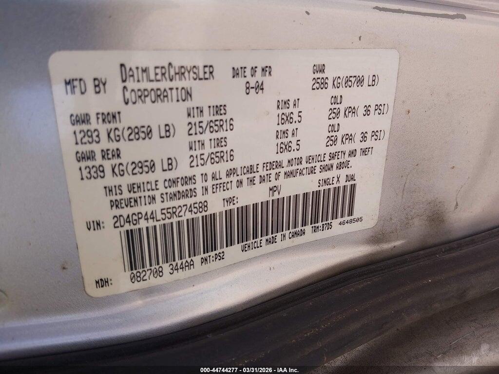 2D4GP44L55R274588 2005 DODGE GRAND CARAVAN photo no. 9
