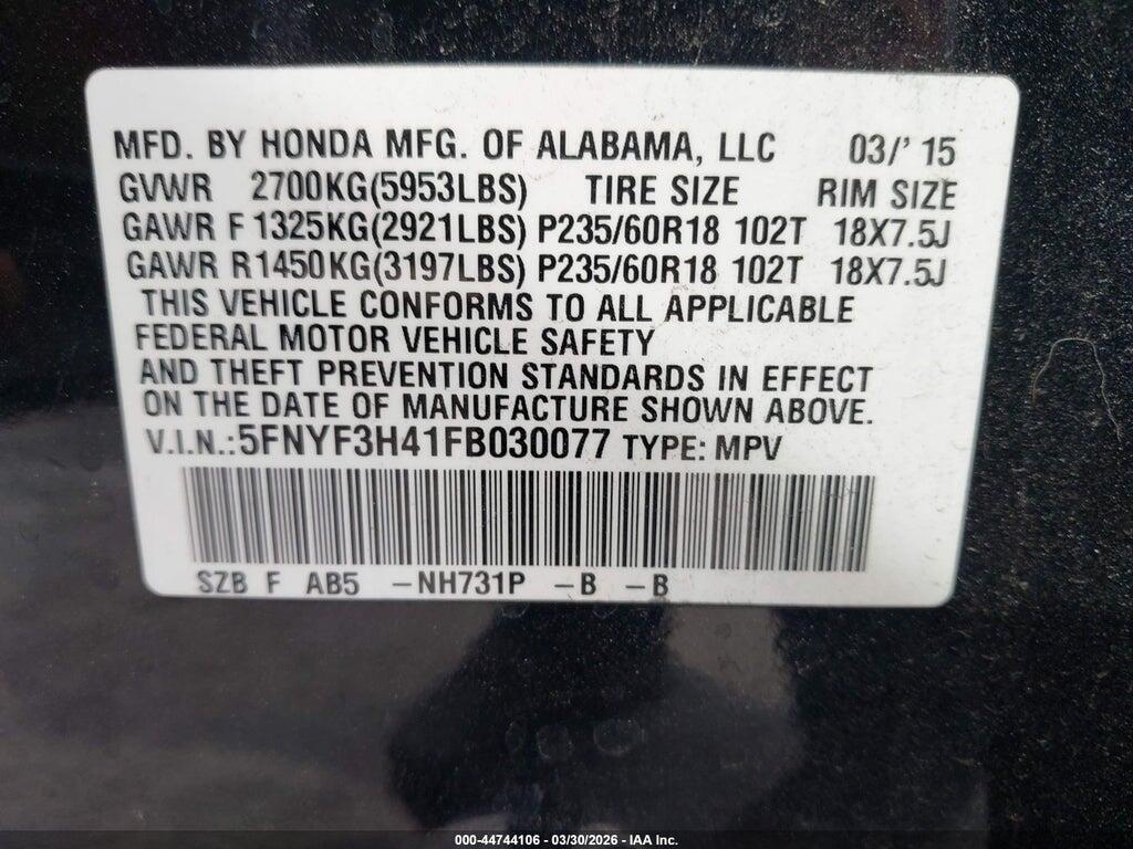 5FNYF3H41FB030077 2015 HONDA PILOT photo no. 9