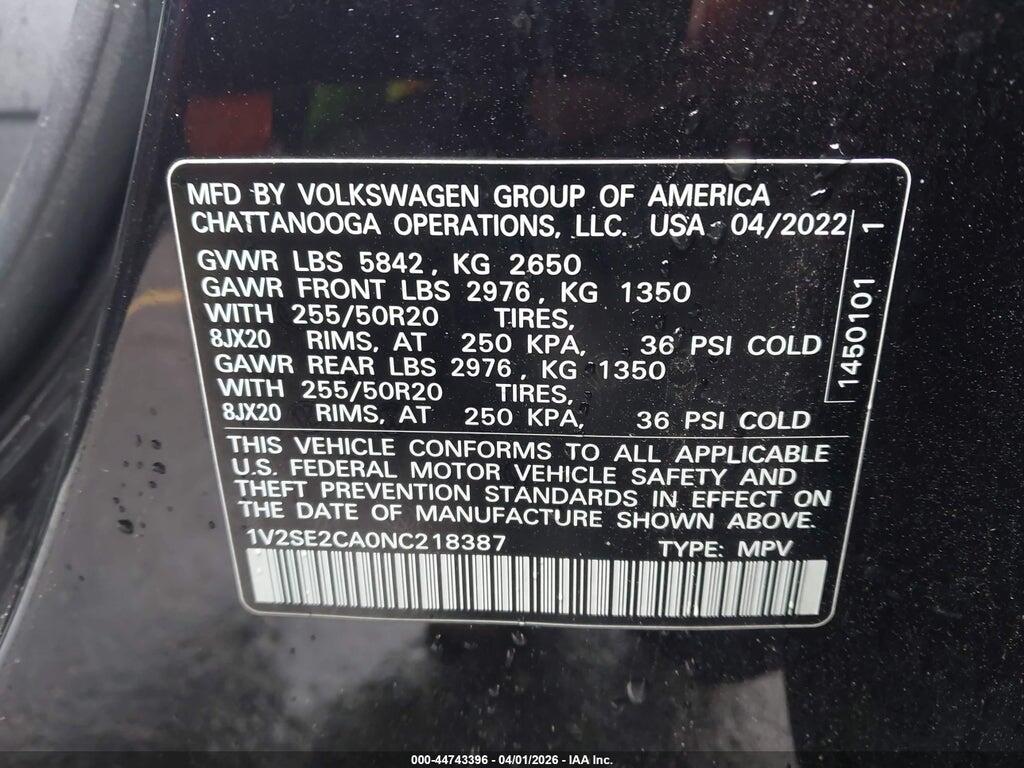 1V2SE2CA0NC218387 2022 VOLKSWAGEN ATLAS CROSS SPORT photo no. 9