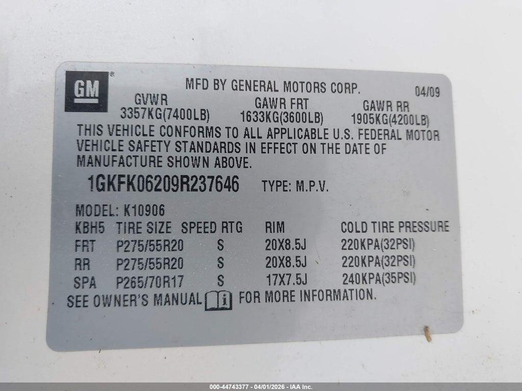 1GKFK06209R237646 2009 GMC YUKON XL 1500 photo no. 9