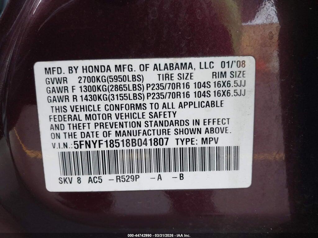 5FNYF18518B041807 2008 HONDA PILOT photo no. 9