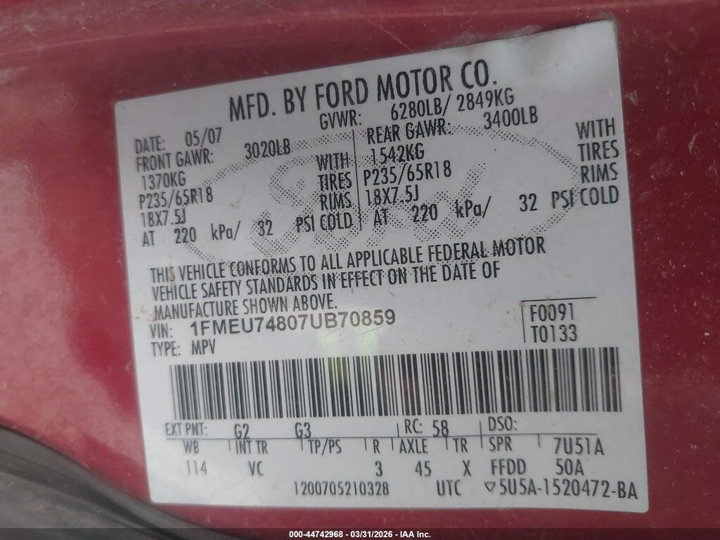1FMEU74807UB70859 2007 FORD EXPLORER photo no. 9