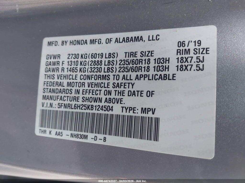 5FNRL6H25KB124504 2019 HONDA ODYSSEY photo no. 9