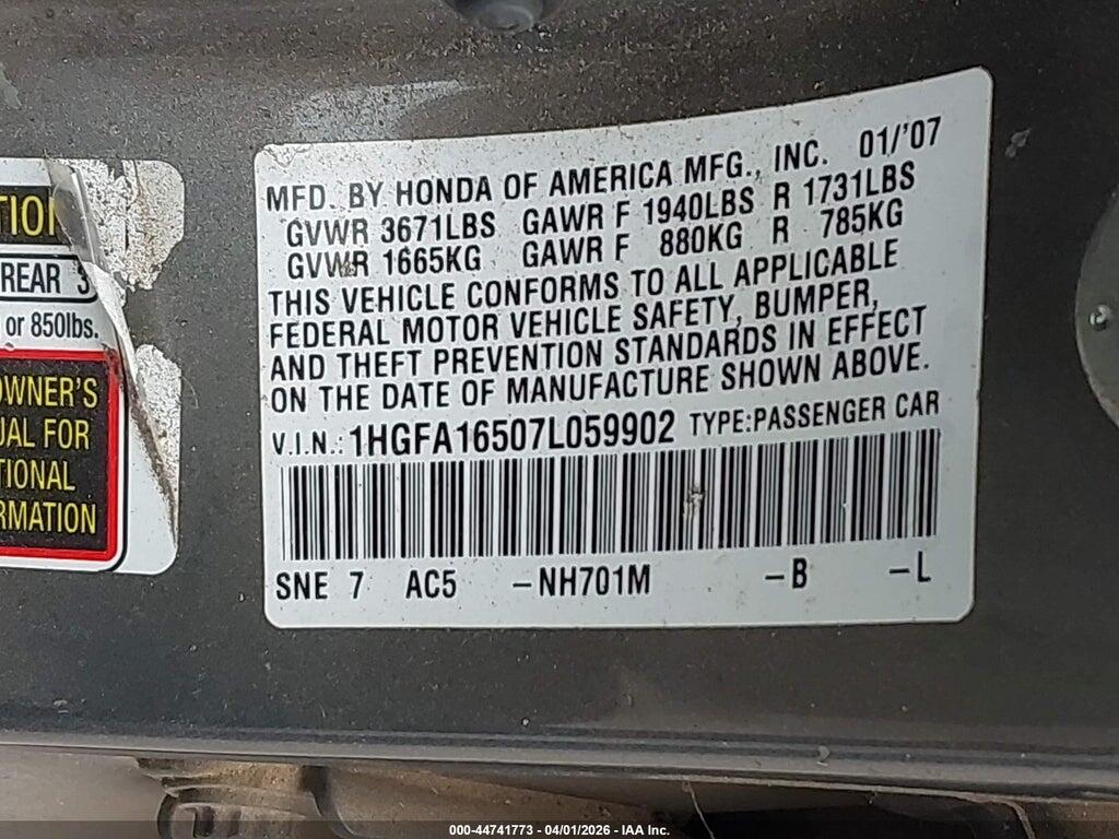 1HGFA16507L059902 2007 HONDA CIVIC photo no. 9