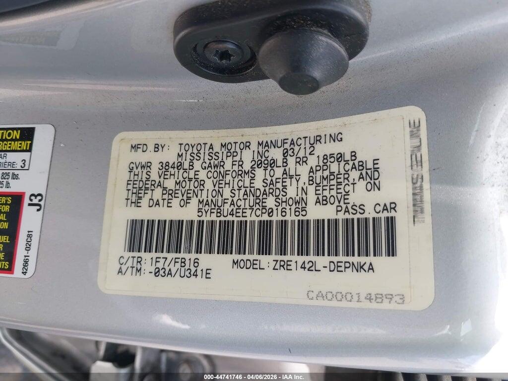 5YFBU4EE7CP016165 2012 TOYOTA COROLLA photo no. 9