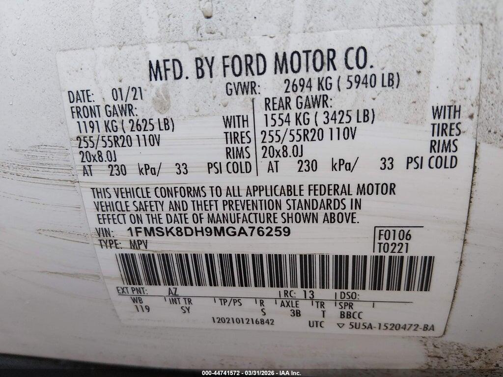 1FMSK8DH9MGA76259 2021 FORD EXPLORER photo no. 9