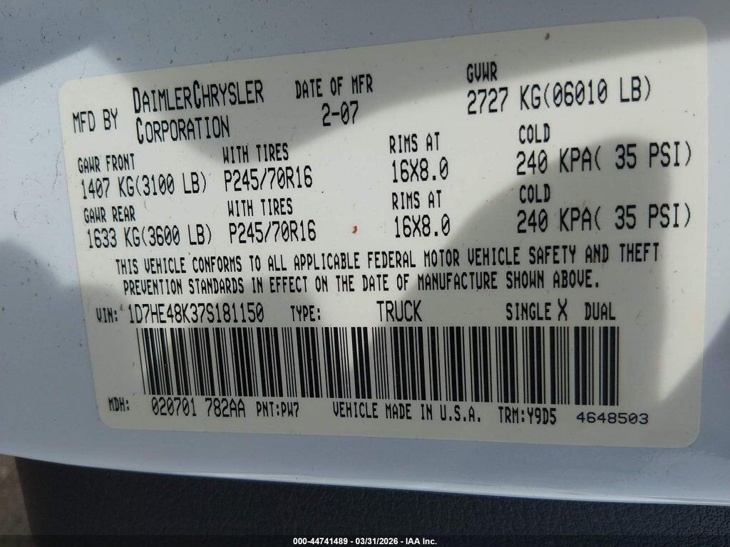 1D7HE48K37S181150 2007 DODGE DAKOTA photo no. 9