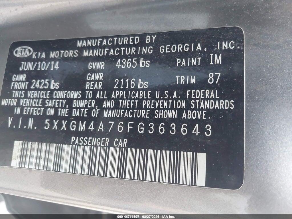 5XXGM4A76FG363643 2015 KIA OPTIMA photo no. 9