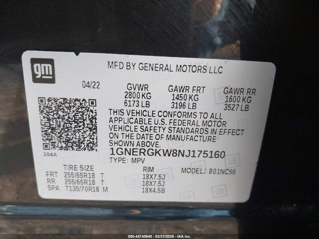 1GNERGKW8NJ175160 2022 CHEVROLET TRAVERSE photo no. 9