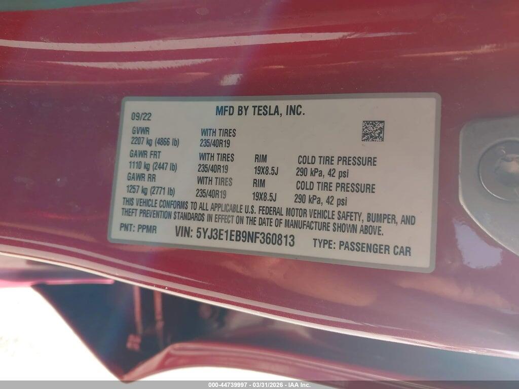 5YJ3E1EB9NF360813 2022 TESLA MODEL 3 photo no. 9
