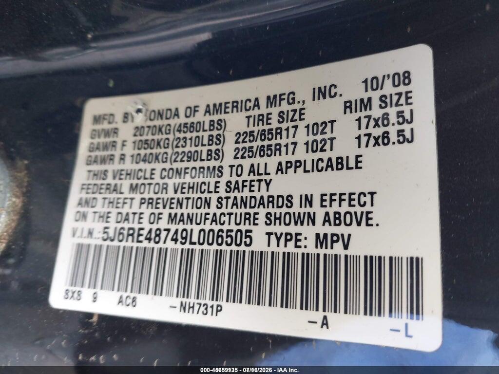 5J6RE48749L006505 2009 HONDA CR-V photo no. 9