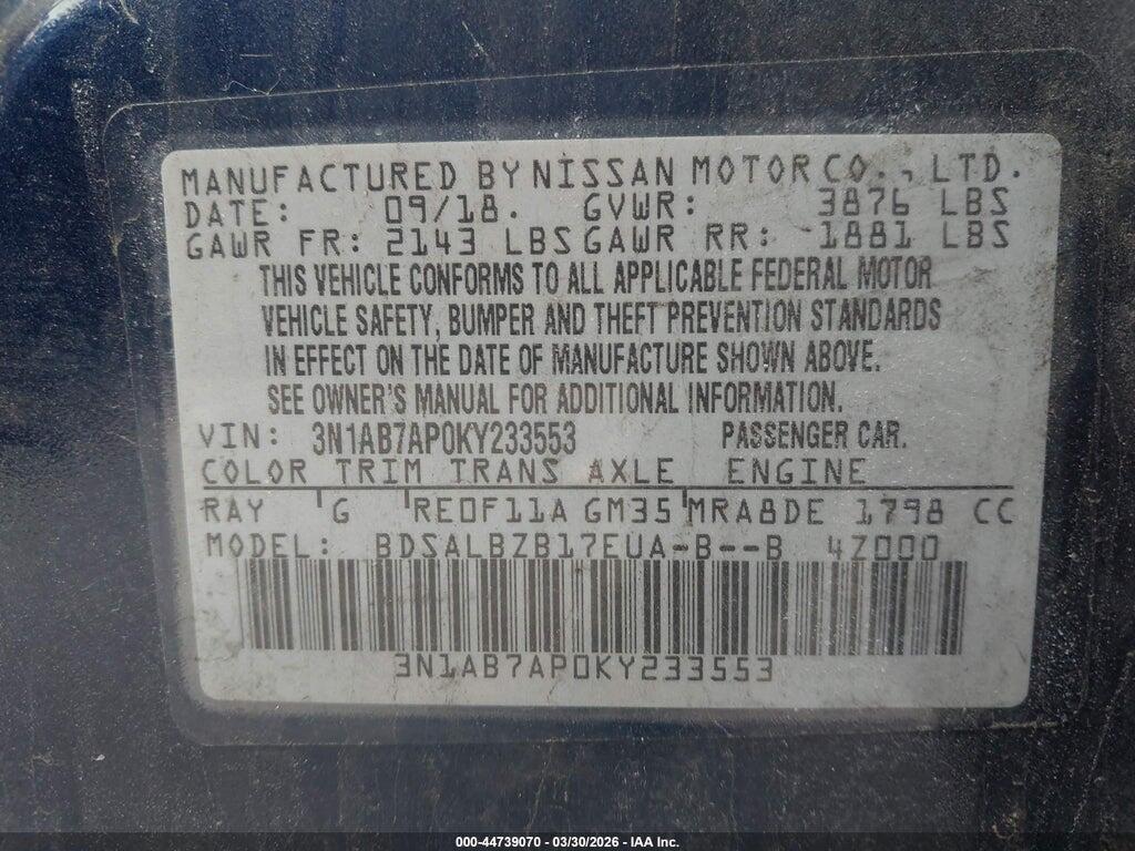 3N1AB7AP0KY233553 2019 NISSAN SENTRA photo no. 9