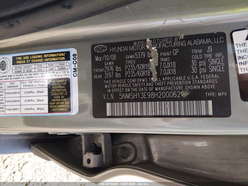 5NMSH13E98H200062 2008 HYUNDAI SANTA FE photo no. 9