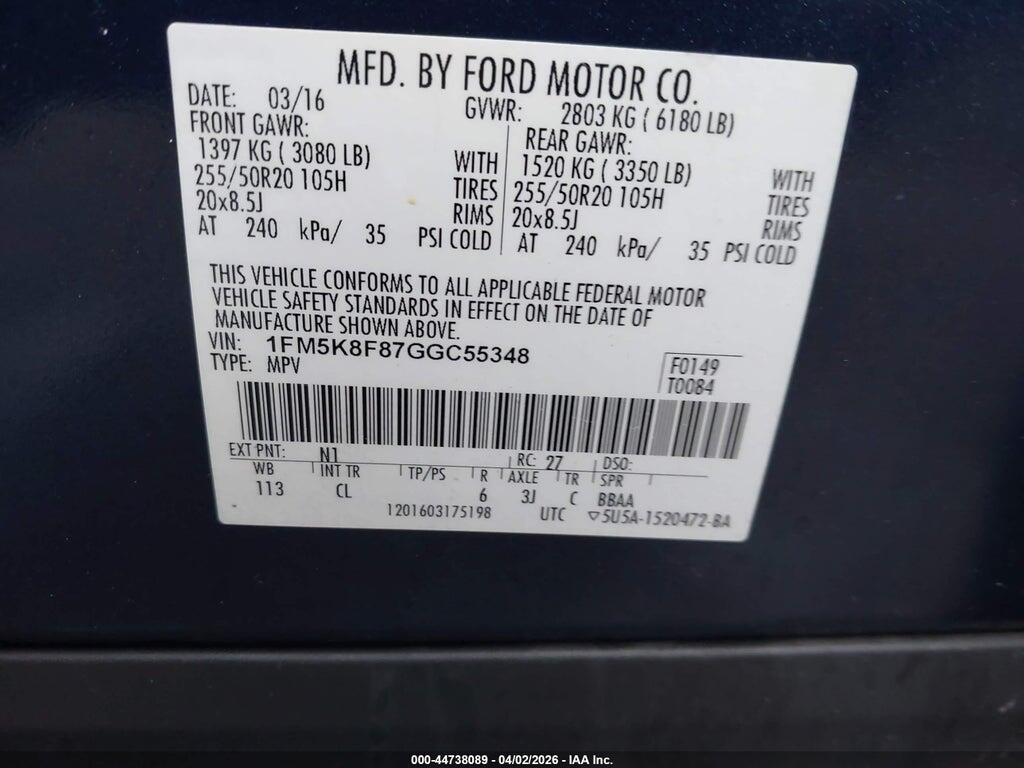 1FM5K8F87GGC55348 2016 FORD EXPLORER photo no. 9