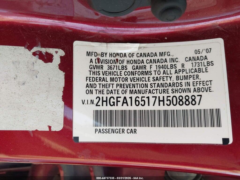 2HGFA16517H508887 2007 HONDA CIVIC photo no. 9