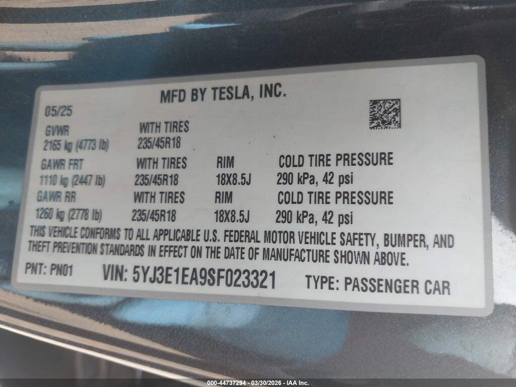 5YJ3E1EA9SF023321 2025 TESLA MODEL 3 photo no. 9